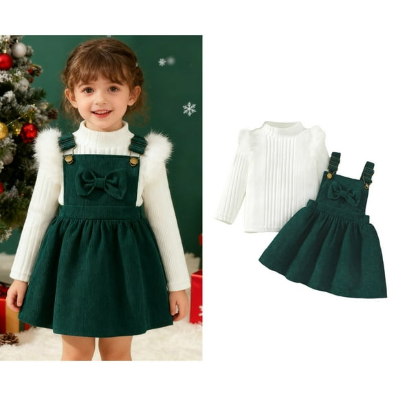Toddler Girl Christmas Outfit Long Sleeve Ribbed Top Suspender Skirt 2 Piece Set Christmas Dress for Girls 12-18 Months