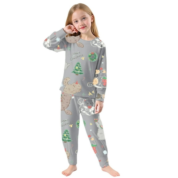 Toddler Girl Christmas Pajama Set Cartoon Print Long Sleeve Tee Pants Child Holiday Fall Winter Homewear Outfits