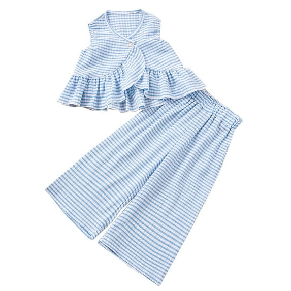Toddler Girl Clothes 1-6 Years Girls Outfit, Short Sleeve Ruffle Bowknot Top+Floral Wide Leg Pants 2Pcs Spring Summer Set Light Blue 5-6 Years