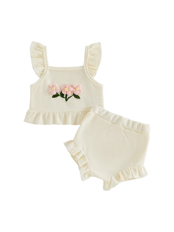 Toddler Girl Clothes 2Pcs Baby Girl Summer Outfits Ruffle Sleeveless Shirts Knit Floral Tops Shorts Clothing Set Beige 3-6 Months
