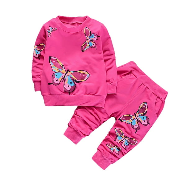 Toddler Girl Clothes 3t Sets Winter Butterfly Crewneck Cute Sweatshirt Sweatpants 2 Piece First Day of Preschool Outfits, Hot Pink, 1 Years