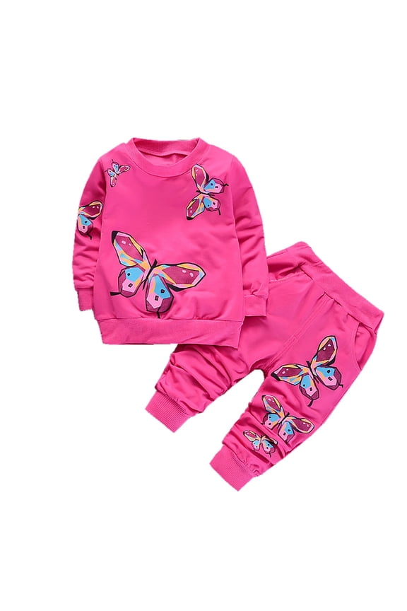 Toddler Girl Clothes 3t Sets Winter Butterfly Crewneck Cute Sweatshirt Sweatpants 2 Piece First Day of Preschool Outfits, Hot Pink, 18 Months