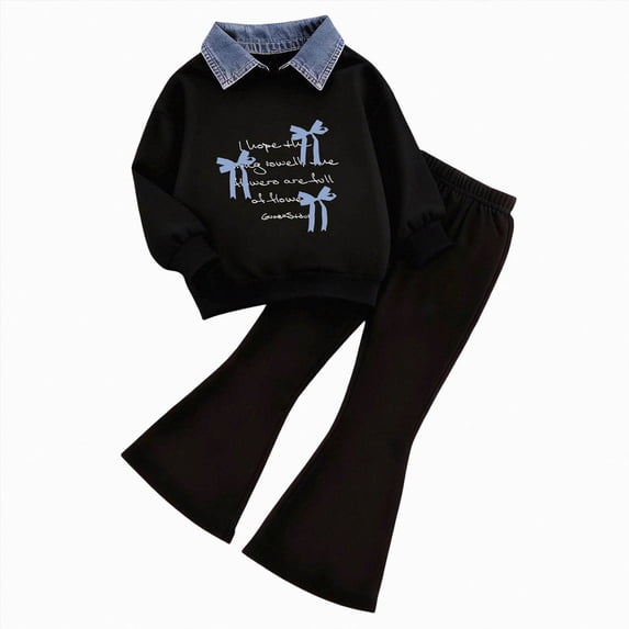 Toddler Girl Clothes Baby 24 Months 2T 3T 4T 5T 6T 7T Fall Winter Crew Neck Long Sleeve Dress Top Bell-bottomed 2-piece Set Outfits Set Black Size 4-5 Years