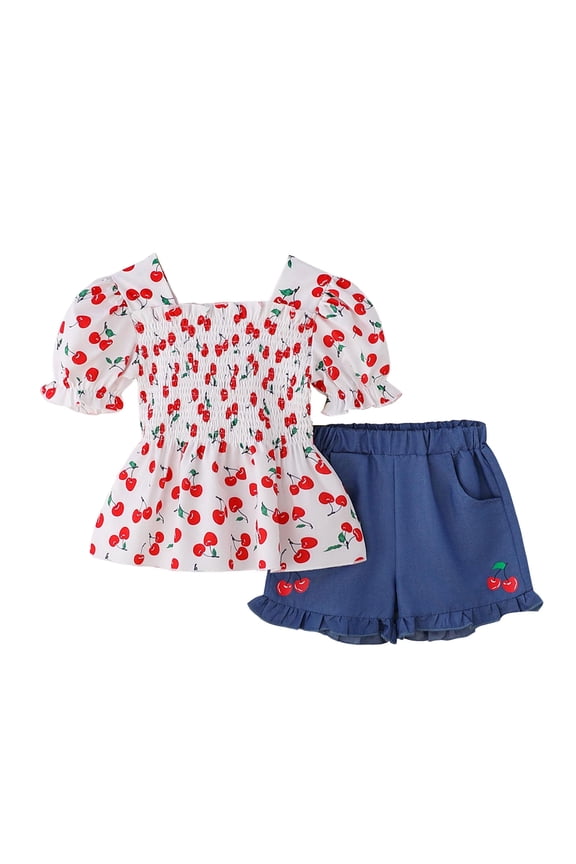 Toddler Girl Clothes Cherry Print Cute Puff Sleeve Tops Ruffle Shorts Summer Spring Outfits Clothing Set Red 5-6 Years