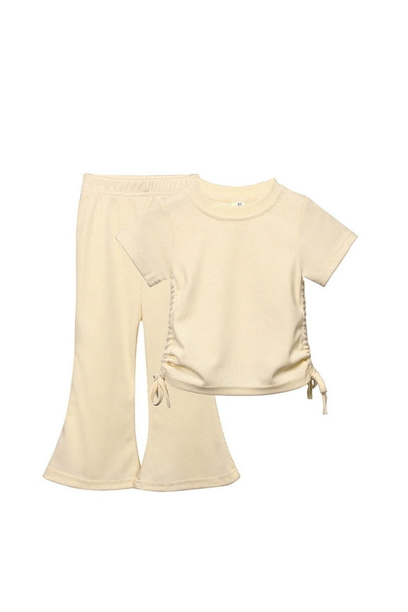 Toddler Girl Clothes Efsteb Kid Toddler Girl Clothes Sets Casual Fashion Summer Comfy Round Neck Short Sleeve T Shirts Long Pants Set Solid Color Outfits (Beige,5-6 Years)