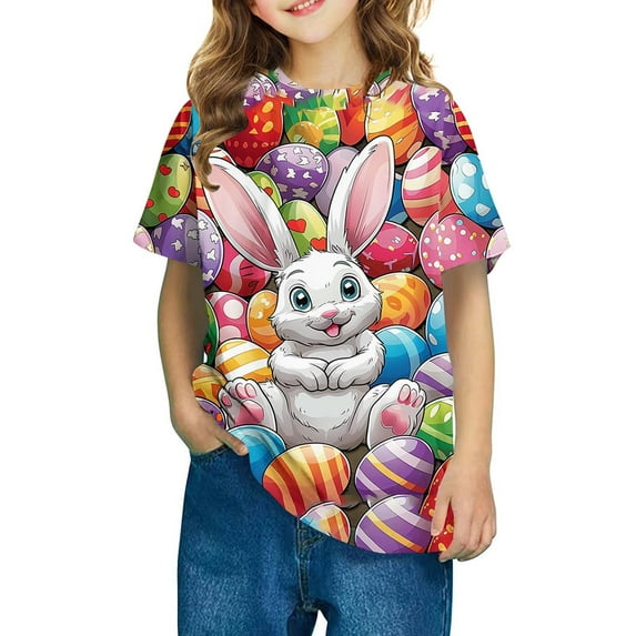 Toddler Girl Clothes under $5 Summer Short Sleeve Easter Eggs Bunny Graphic T-Shirt Round Neck Shirts T-Shirt Tee 3-14 Years