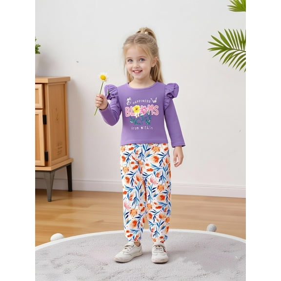 Toddler Girl Clothes Long Sleeves Ruffle Print Top Floral Pants Headband 3Pcs Fall/Winter Outfits Set 18M-6T