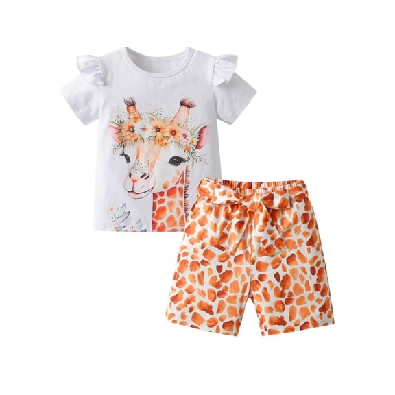 Toddler Girl Clothes Ruffle Giraffe Pattern Short Sleeve Tops and Shorts Outfits Set Orange 2-3 Years