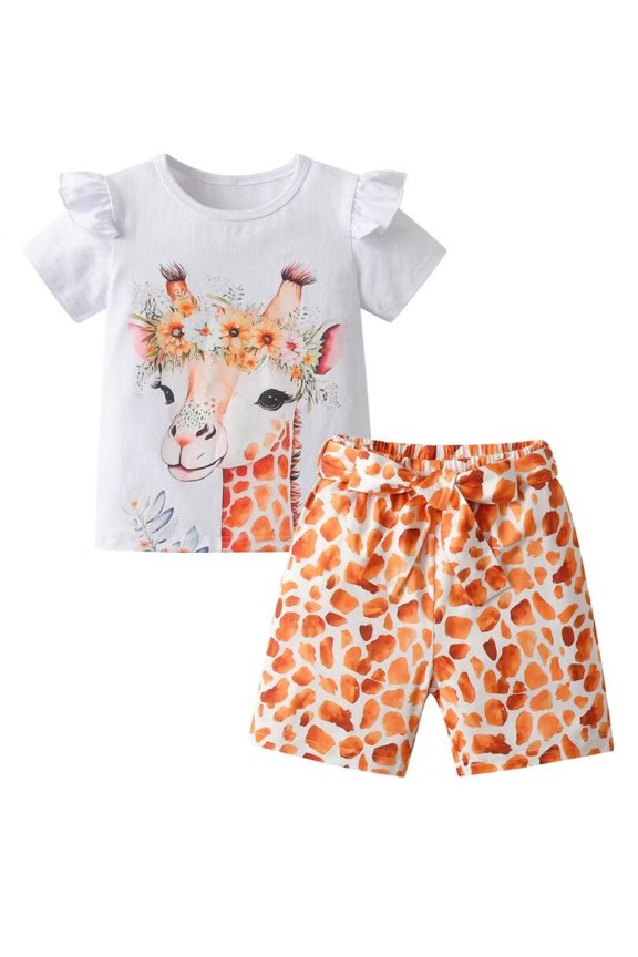 Toddler Girl Clothes Ruffle Giraffe Pattern Short Sleeve Tops and Shorts Outfits Set Orange 4-5 Years
