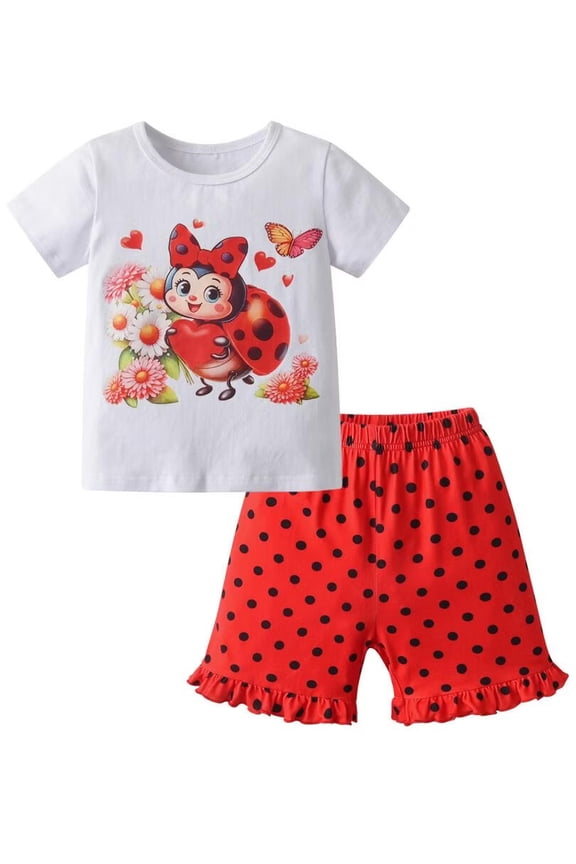 Toddler Girl Clothes Ruffle Insect Cartoon Pattern Short Sleeve Tops and Shorts Outfits Set Red 5-6 Years