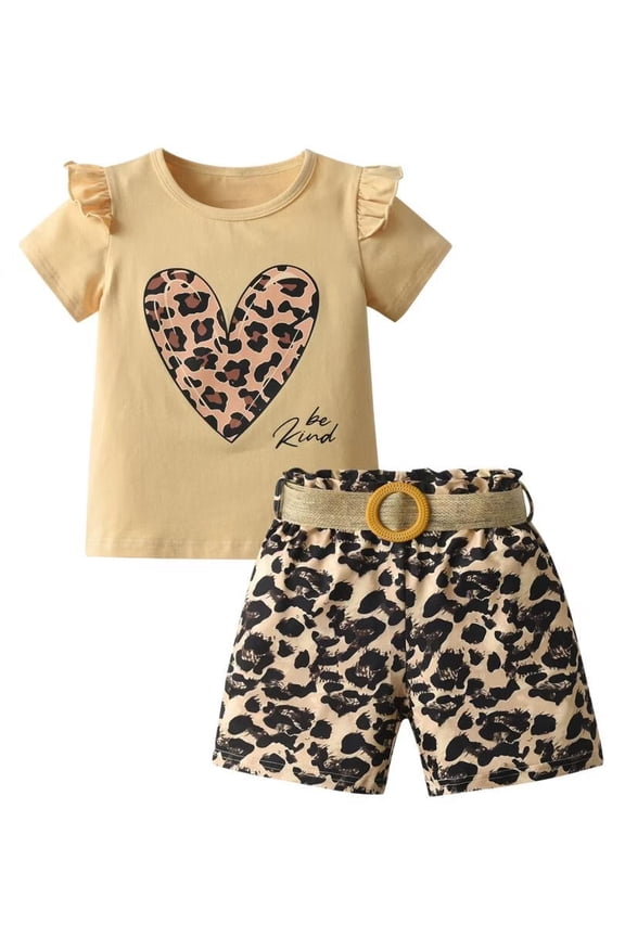 Toddler Girl Clothes Ruffle Short Sleeve Tops and Leopard Print Shorts Outfits Set Brown 6-7 Years