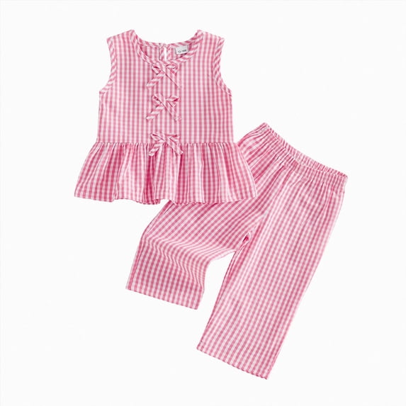 Toddler Girl Clothes Ruffle Sleeveless Shirt Pants Set | 1T 2T 3T 4T 5T Girls Clothing Set Baby Summer Outfits Gingham Sleeveless Shirt Tank Tops Pants