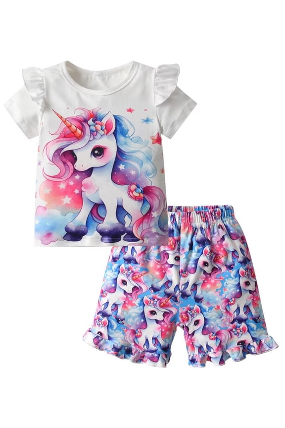 Toddler Girl Clothes Ruffle Unicorn Short Sleeve Tops and Shorts Cartoon Pattern Outfits Set White 2-3 Years
