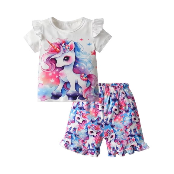 Toddler Girl Clothes Ruffle Unicorn Short Sleeve Tops and Shorts Cartoon Pattern Outfits Set White 2-3 Years