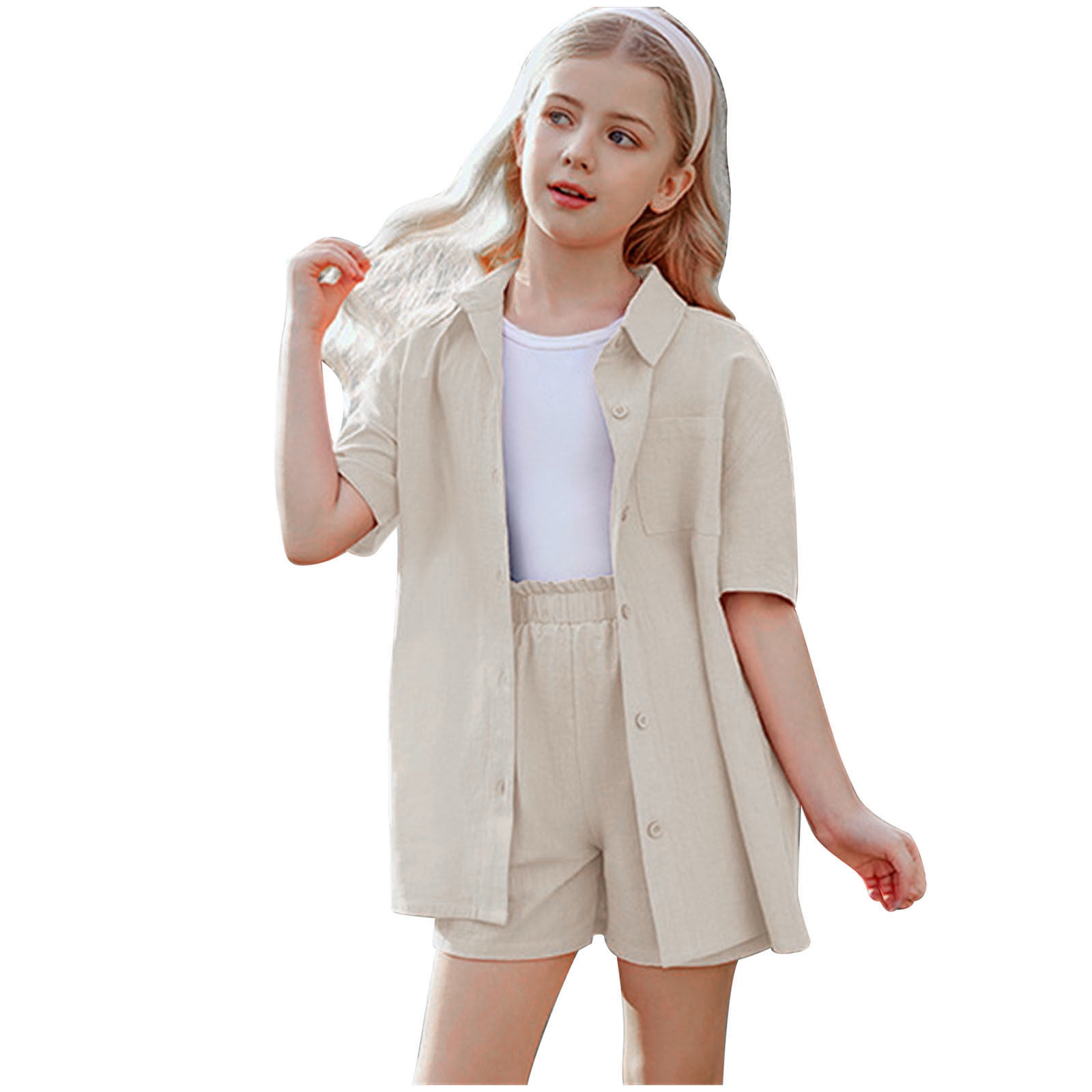Toddler Girl Clothes Summer Fall Outfits Sets Cotton Linen Short Sleeve  Shirt Coat & Shorts Cute Baby Tweens Comfortable Solid Color Suits Beige  qILAKOG 13-14 Years 