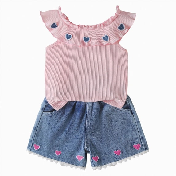 Toddler Girl Clothes Toddler Baby Girl Summer Outfit 9 12 18 24 Months 2T 3T 4T Heart Ruffled Short Sleeve Tank Tops and Shorts 2 Pcs Clothes Set Kaprioy