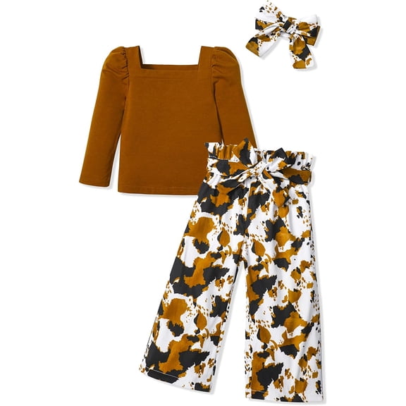 Toddler Girl Clothes, Toddler Outfit Square Neck Puff Long Sleeve Top + Striped Pants + Headband 3Pcs Set2-3T