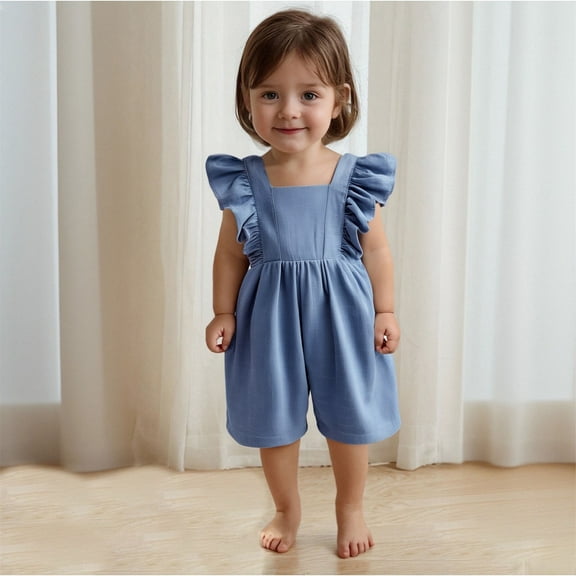 Toddler Girl Clothes under $5 Jumpsuit Loose Cap Sleeves Solid Color Shoulder Straps Summer Jumpsuit 6M-3Y Blue 9 Months