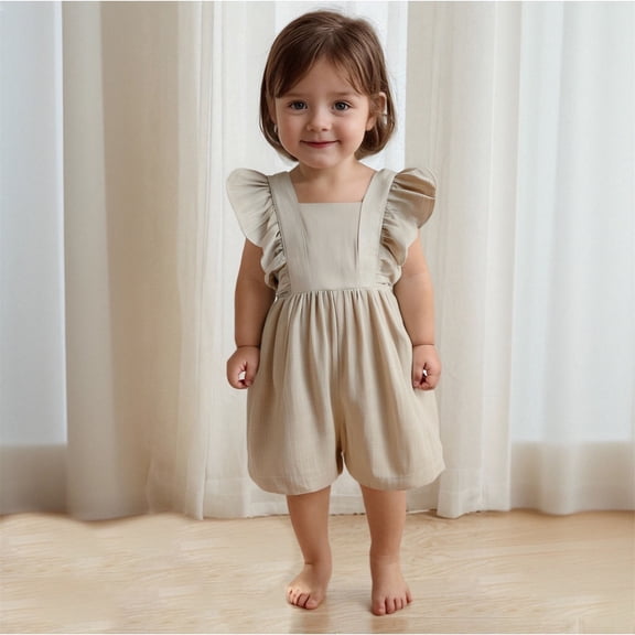 Toddler Girl Clothes under $5 Jumpsuit Loose Cap Sleeves Solid Color Shoulder Straps Summer Jumpsuit 6M-3Y Khaki 6 Months
