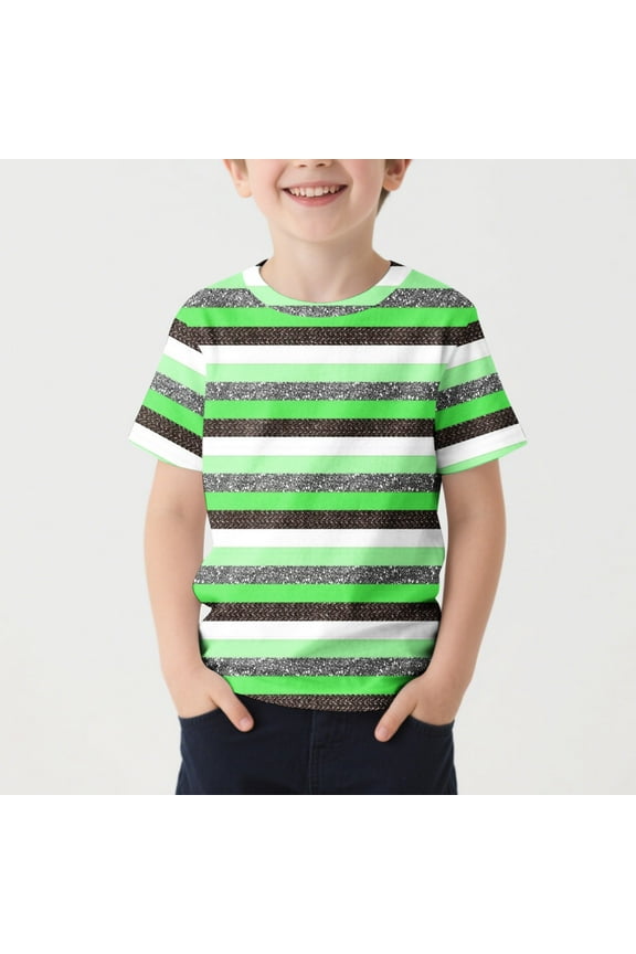 Toddler Girl Clothes under $5 Short Sleeve Round Neck Summer Stripe Printed Sports T-shirt 2-13Y Green 12-13Years