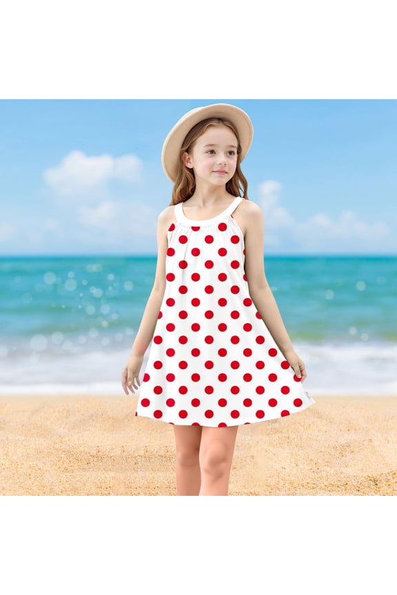 Toddler Girl Clothes under $5 Sleeveless Polka Dot Camisole Dress Cute Print A Line Suspenders Wrinkle Dress 4-15Years Red 5 Years