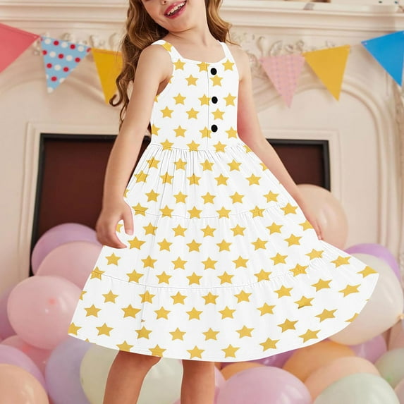 Toddler Girl Clothes under $5 Sleeveless Round Neck Button Summer Dress Casual with Pockets Dress 2-12 Years Yellow 2 Years