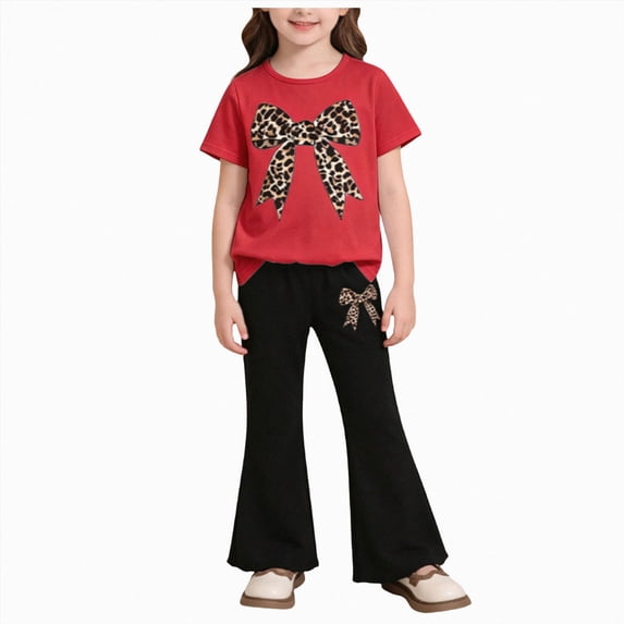 Toddler Girl Clothing Bow Print Short Sleeve Top And Pants Set Girl Spring Summer Two Piece Set 2-3Years Red