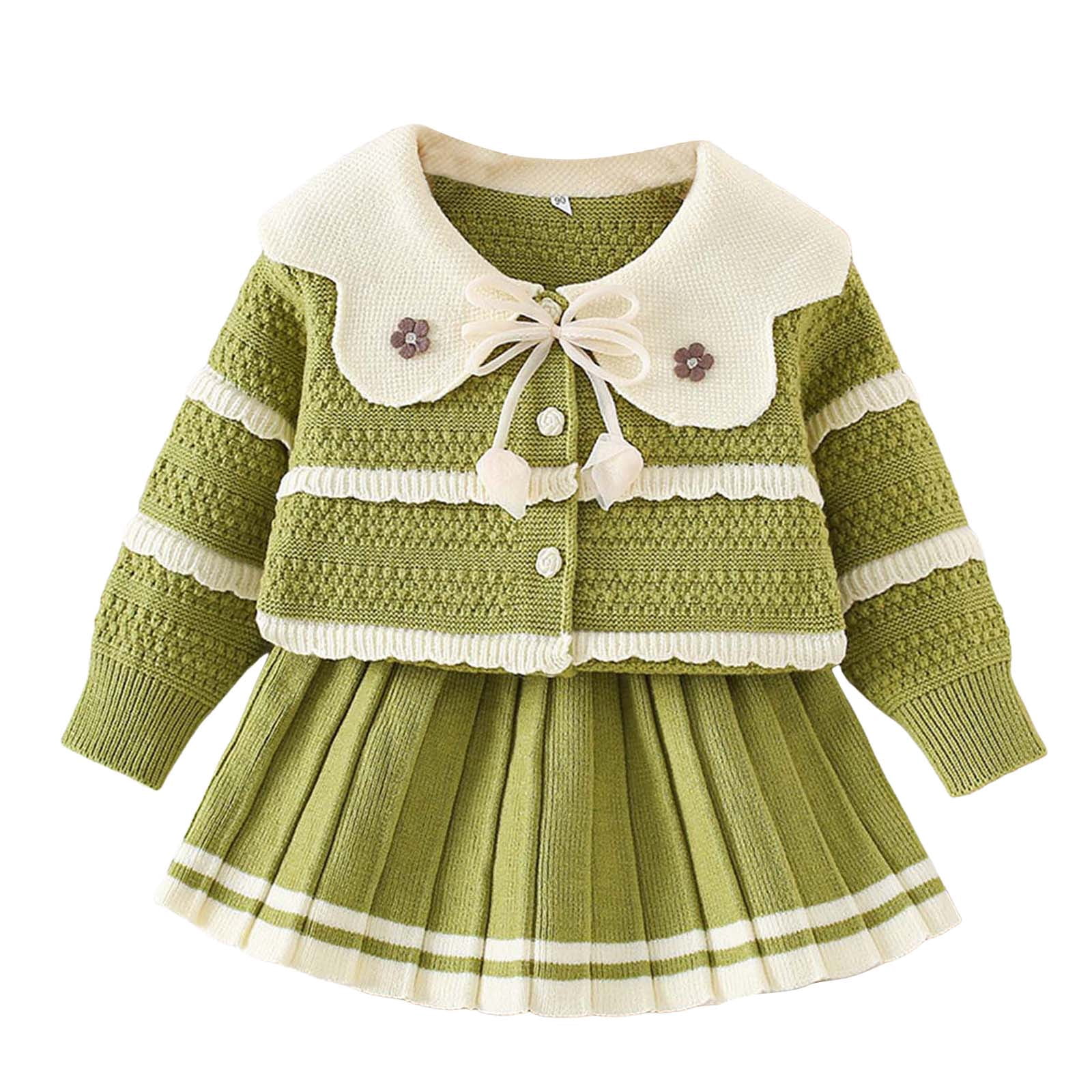 Toddler Girl Comfortable And Warm Sweater Set Girls Fashionable And Sweet Knitted Cardigan Half Skirt Set Long Sleeve Sweatshirt Tops Pants Set 1t 2t 3t 4t 5t 6t (2-3 Years,Green)