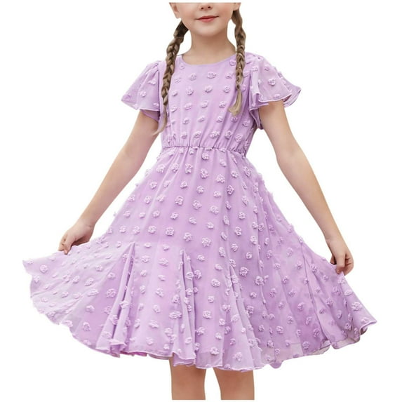Toddler Girl Cotton Casual Dress New 2025 Girls Summer Short Sleeve Dress Cute Ruffle Flowy Mini Dress Kids Elegant School Outfits Purple 170