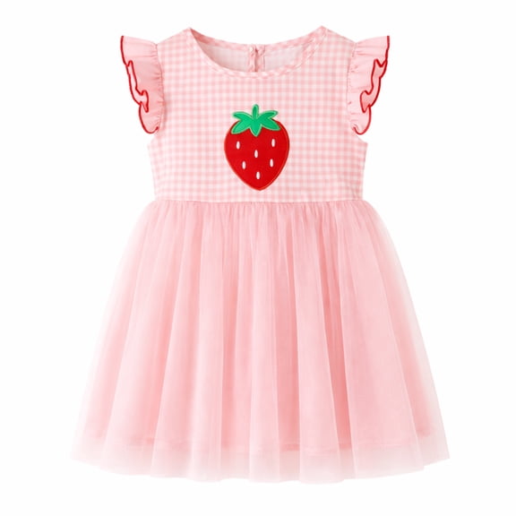 HILEELANG Toddler Girls 2–7T Cotton Summer Dress, Flutter Sleeve Strawberry Graphic Casual Dress, 3T
