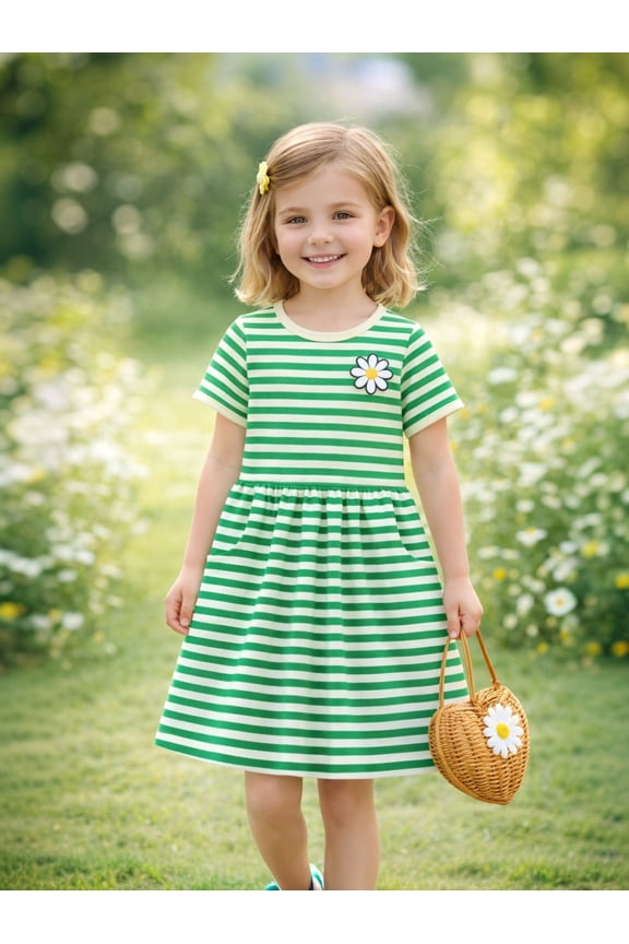 2-8 Toddler Girls Pink White Stripe Bunny Summer Play Dress Size 4T