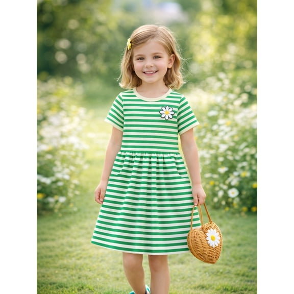 HILEELANG 2-8 Toddler Girls Pink White Stripe Bunny Summer Play Dress Size 5T