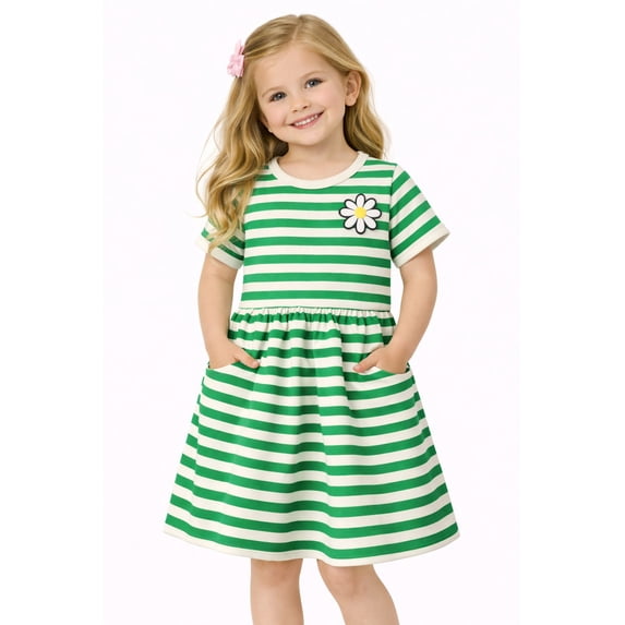 HILEELANG 2-8 Little Girls Pink White Stripe Bunny Summer Play Dress Size 6T