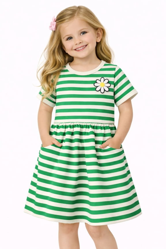 2-8 Little Girls Pink White Stripe Bunny Summer Play Dress Size 6T