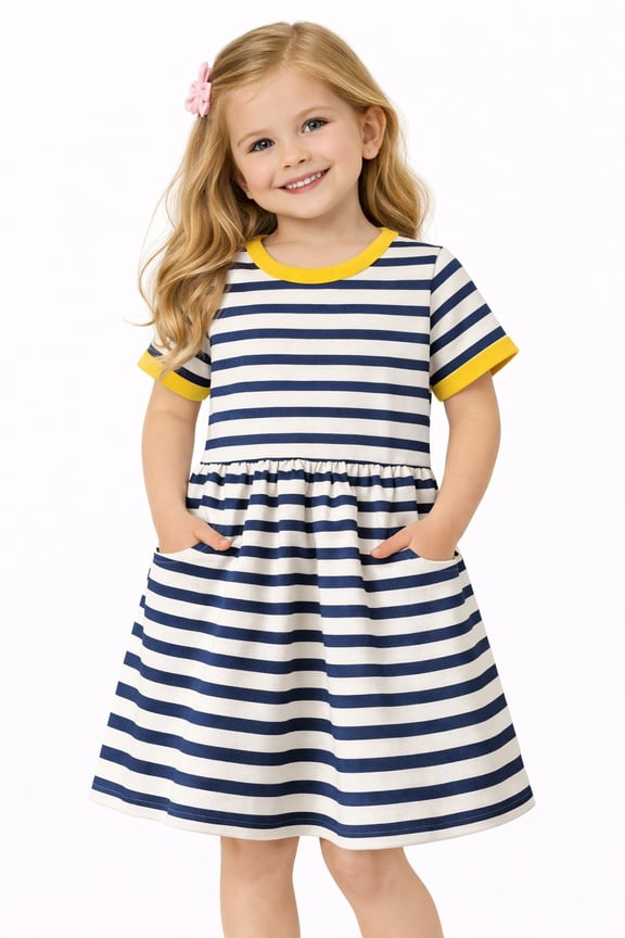 2-8 Toddler Girls Navy White Stripe Yellow Trim Summer Play Dress Size 5T