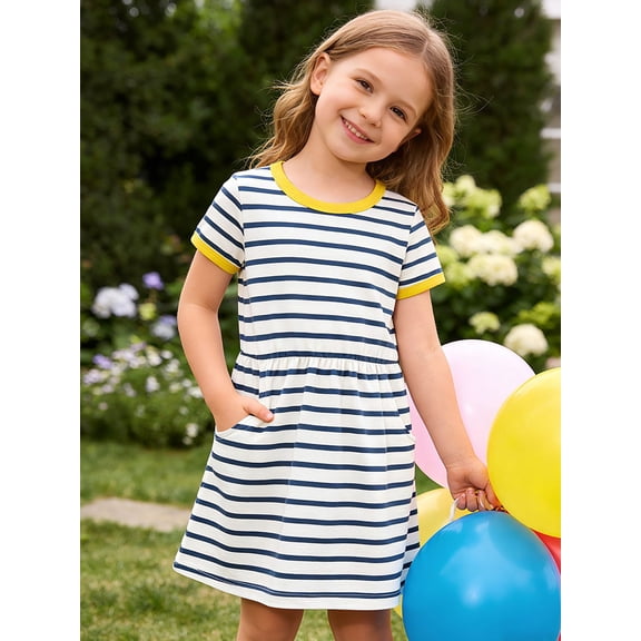 HILEELANG 2-8 Toddler Girls Navy White Stripe Yellow Trim Summer Play Dress Size 5T