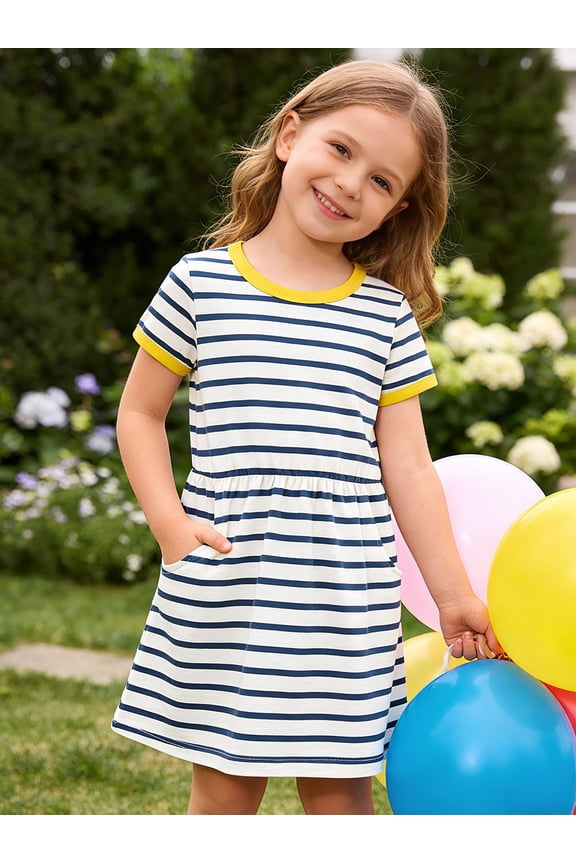 2-8 Toddler Girls Navy White Stripe Yellow Trim Summer Play Dress Size 5T