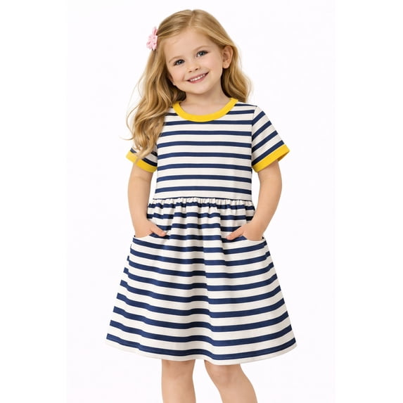 HILEELANG 2-8 Little Girls Navy White Stripe Yellow Trim Summer Play Dress Size 7T