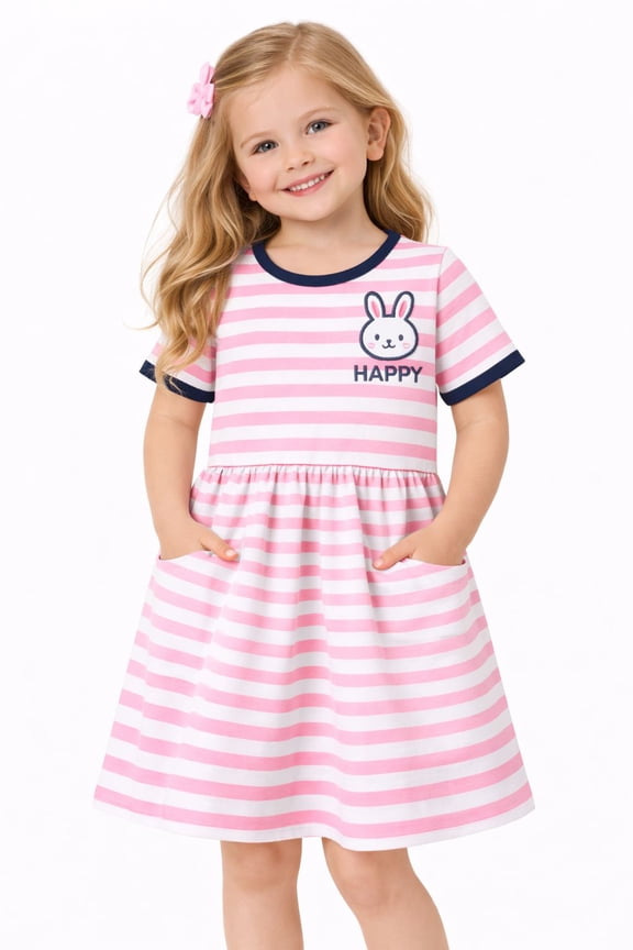 2-8 Toddler Girls Pink White Stripe Bunny Summer Play Dress Size 5T