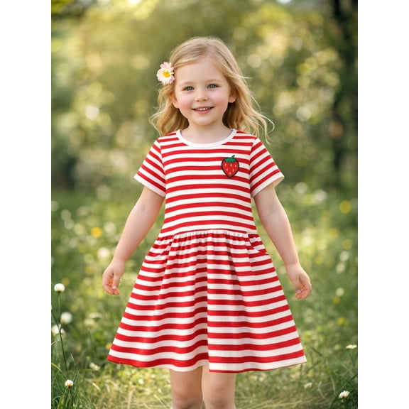 HILEELANG 2-8 Toddler Girls Red White Stripe Strawberry Summer Play Dress Size 5T