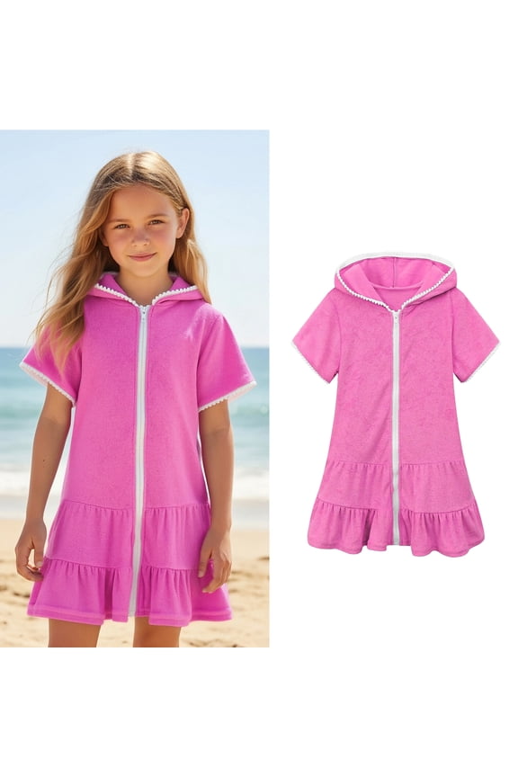 Toddler Girl Cover Ups for Swimwear Zip Up Hooded Pink Terry Cloth Beach Cover Up Girls Towel Dress Swimsuit for 2-3 Years Old Girl