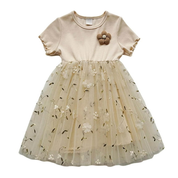 Toddler Girl Dress Casual Round Neck Short Sleeve Flowers Mesh Tutu Dress Girl Dresses Beige 2-3 Years