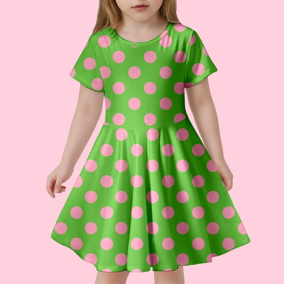 Toddler Girl Dress Child Girls Summer Polka Dot Print Slim Soft Breathable Short Sleeved Casual Dress Toddler Dress Green 10 Years-13 Years