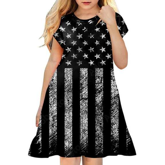 Toddler Girl Dress Independence Day 4Th Of July 3D Graphic Printed Short Sleeve Casual Soft Party Princess Dress Flower Girl Dress,Size 7 Years-8 Years