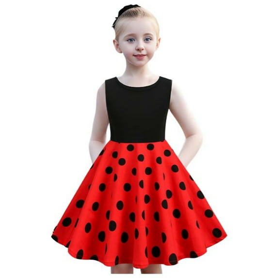 Toddler Girl Dress Kids Round Neck Sleeveless Polka Dot Vintage Princess Dress Baby Girl Dresses Red 9-10Years