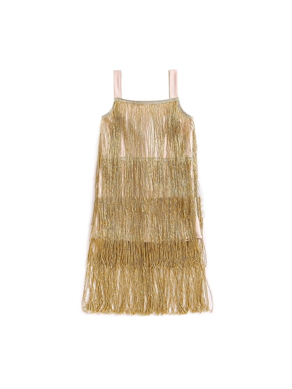 Toddler Girl Dress Ornate Sequin Fringe Tassel Flapper Dress Designed for Girls Kids Latin Tango Dance Recitals and Stage Contest Events Gold 100