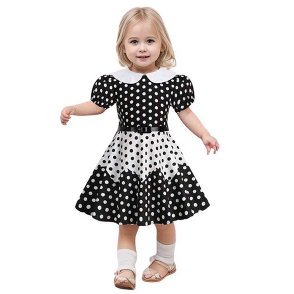Toddler Girl Dress Polka Dot Turn Down Collar Puff Sleeve with Belt Elegant Prom Dresses for Girls Princess Dress Size 3-12 Years