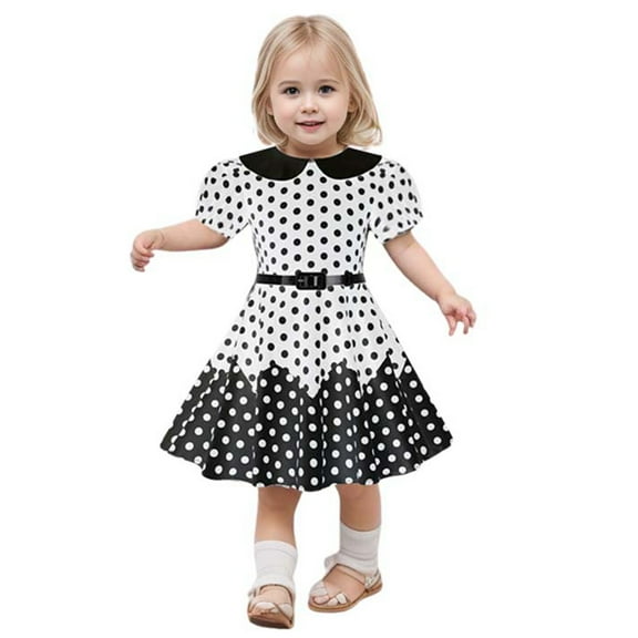 Toddler Girl Dress Polka Dot Turn Down Collar Puff Sleeve with Belt Elegant Prom Dresses for Girls Princess Dress Size 3-12 Years