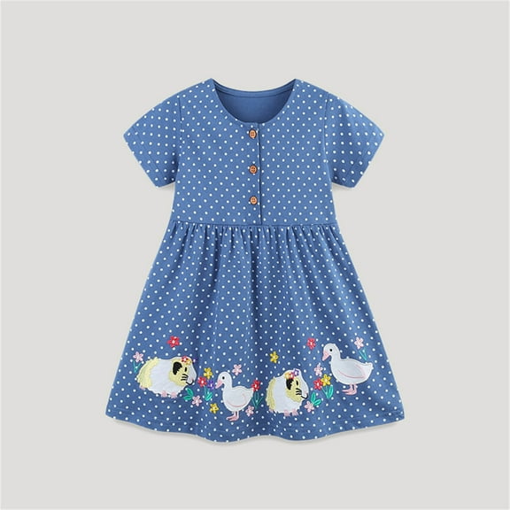 Toddler Girl Dress Short Sleeve Cotton Floral/Dots Print Casual Cute Summer Clothes for Girls 2-8 Years (2 Years, Blue)
