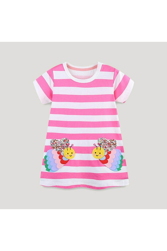 Toddler Girl Dress Short Sleeve Cotton Floral/Dots Print Casual Cute Summer Clothes for Girls 2-8 Years (3 Years, Pink)